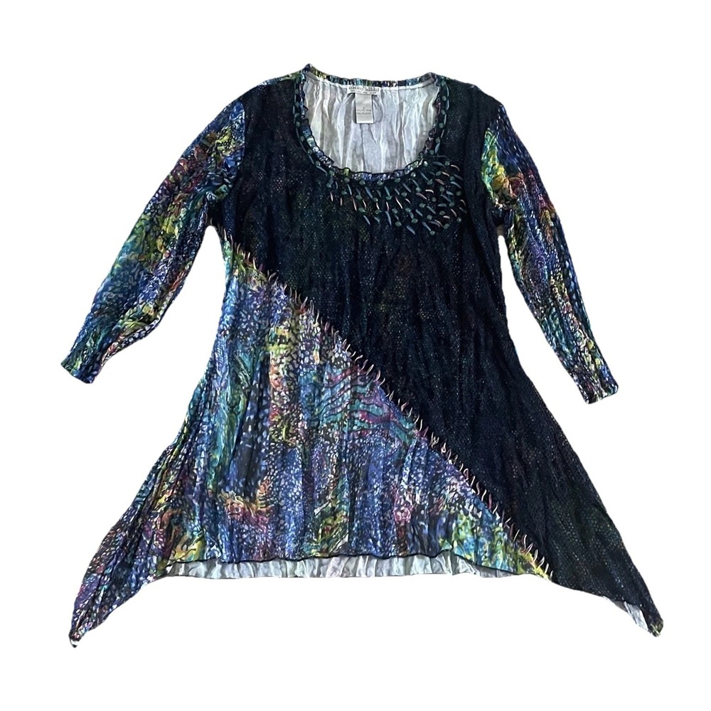 Alberto Malaki Large Asymmetrical Tunic Mixed Media Crochet Bright Ruffle Beaded